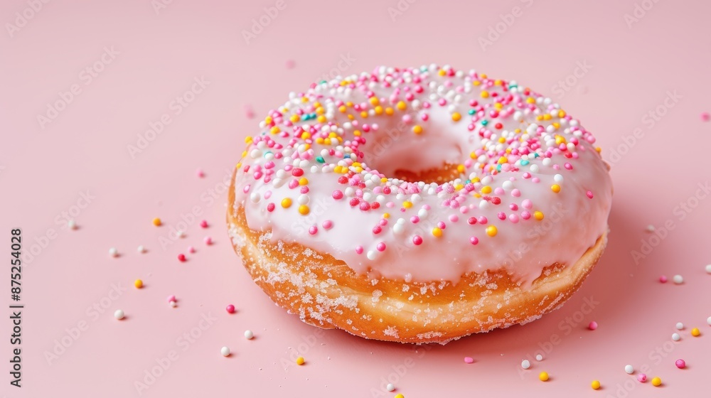 Tempting glazed doughnut with sprinkles, vibrant colors, cinematic food photography, soft shadows, professional studio setup, focus cover all object, deep dept of field