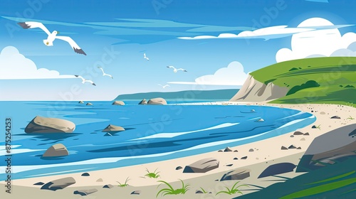 Illustration of a beautiful beach with palm trees and a blue sky, fantasy landscape, anime, cartoon generated AI photo