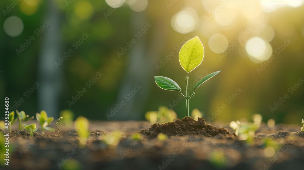 A small green plant sprouting from soil under gentle sunlight in a natural forest setting. A small green plant sprouting from soil under gentle sunlight in a natural forest setting.