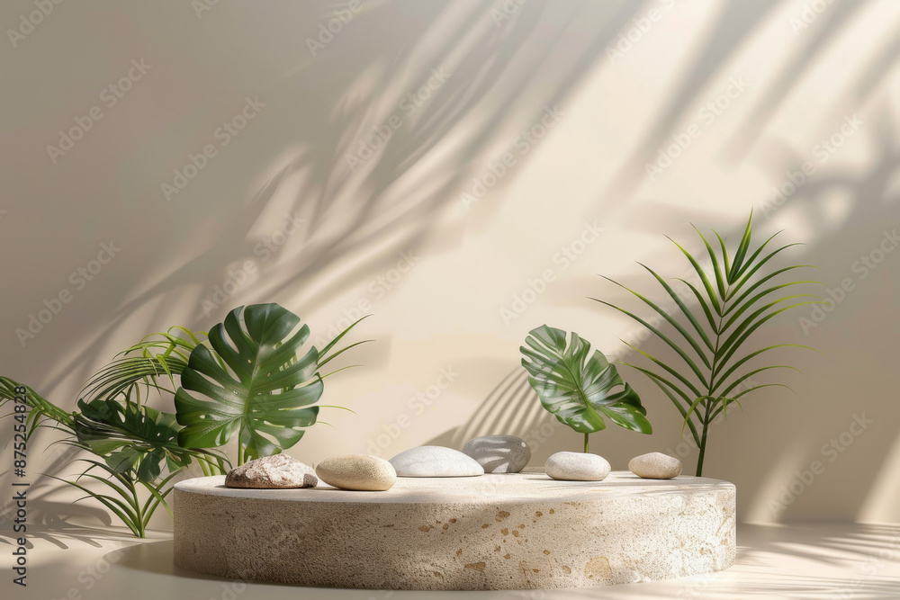 3D render of a minimal podium with tropical leaves 3D render of a minimal podium with tropical leaves
