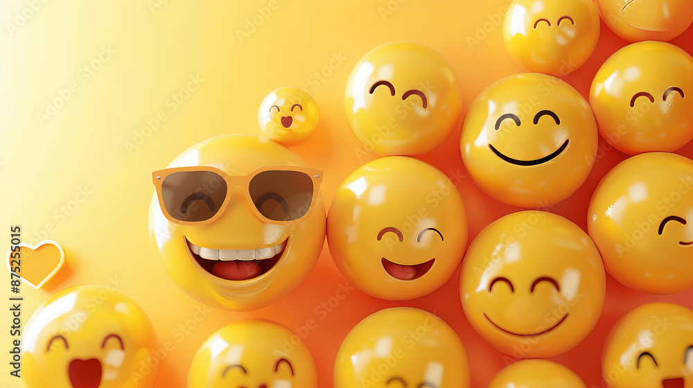 World Emoji Day Concept. 3d smiling emoticon or Smiley yellow ball emoji on yellow background. Funny emojis. World smile day emojis. World mental health day. World Laughter Day. Copy space for text World Emoji Day Concept. 3d smiling emoticon or Smiley yellow ball emoji on yellow background. Funny emojis. World smile day emojis. World mental health day. World Laughter Day. Copy space for text