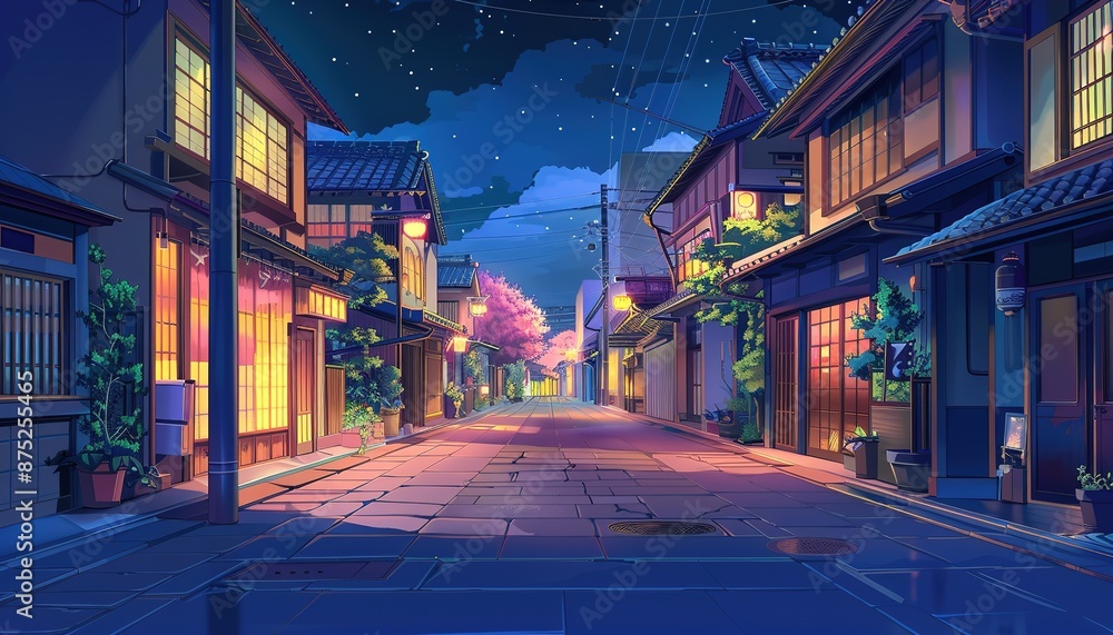 Obraz premium Japanese empty street view at night, cartoon anime style