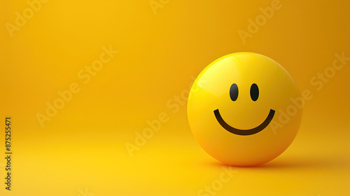 World Emoji Day Concept. 3d smiling emoticon or Smiley yellow ball emoji on yellow background. Funny emojis. World smile day emojis. World mental health day.  World Laughter Day. Copy space for text  