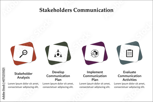 Four steps of stakeholders communication. Infographic template with icons and description placeholder