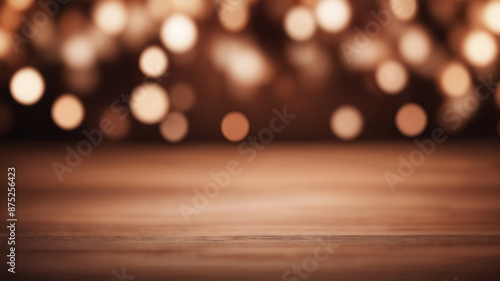 A photo of a wooden surface with a blurred background of warm, golden lights and the lights create a festive and inviting atmosphere