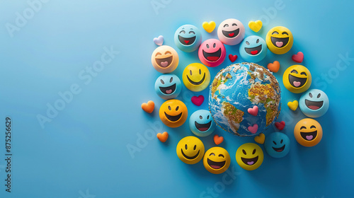 World Emoji Day. Top view of various colorful emoji faces with smiling and laughing expressions on a blue background. Earth and emoji smiley. World smile day emojis. World Laughter Day. Copy space