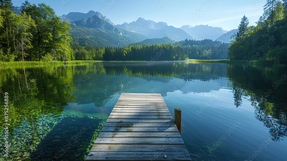 View of the lake with clear water and a small harbor in the middle View of the lake with clear water and a small harbor in the middle