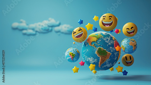 World Emoji Day. Top view of various colorful emoji faces with smiling and laughing expressions on a blue background. Earth and emoji smiley. World smile day emojis. World Laughter Day. Copy space