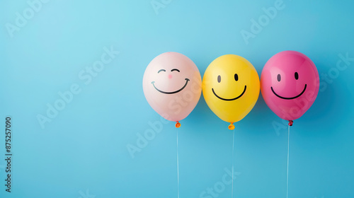 World Emoji Day Concept. Colorful balloons with a happy emoji face smiley. Emoji Celebration. World smile day emojis. World mental health day. World Laughter Day. Joyful mood. Copy space for text
