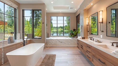 Luxury home bathroom interior with double sink and bathtub, panoramic window