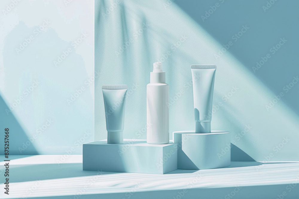 White beauty product bottles and jars on top of a blue circular podium, with a light blue background. White beauty product bottles and jars on top of a blue circular podium, with a light blue background.