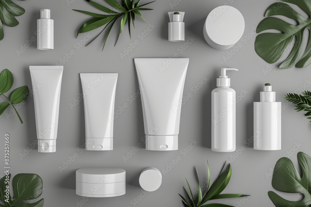 3D rendering of various white beauty product bottles and jars isolated on grey background. 3D rendering of various white beauty product bottles and jars isolated on grey background.