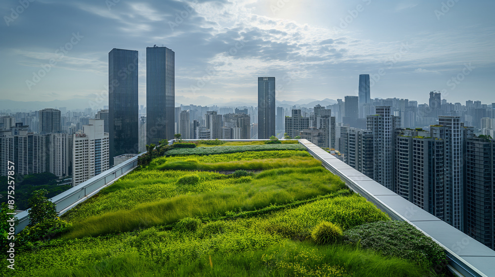Fototapeta premium Green Rooftop Garden on a Skyscraper, overlooking the metropolis, copy space background