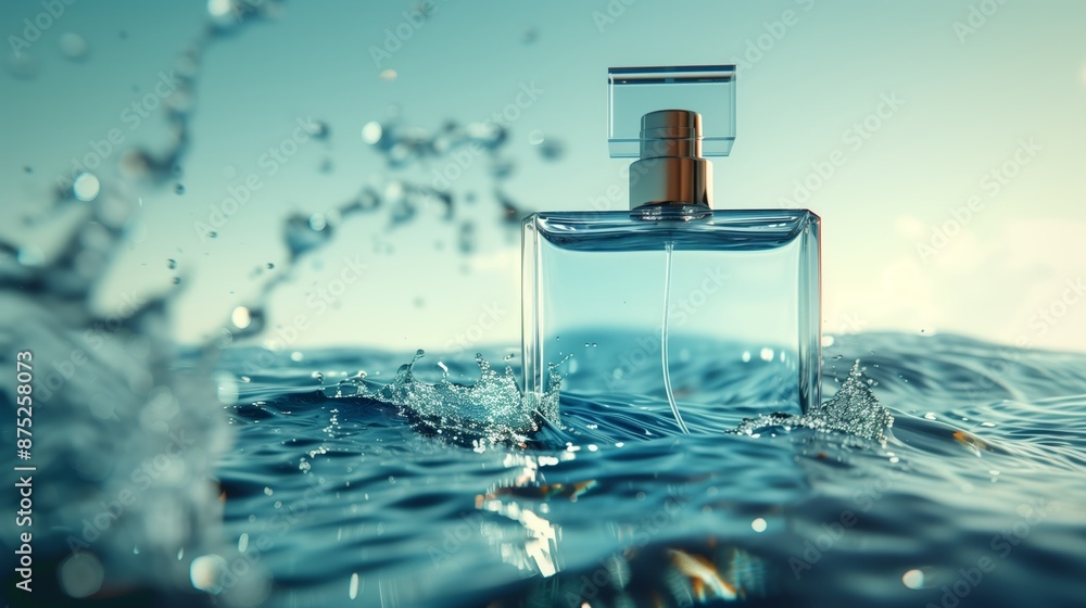A bottle of minimalist perfume floating on the water, surrounded by clear and sparkling waves. A bottle of minimalist perfume floating on the water, surrounded by clear and sparkling waves.