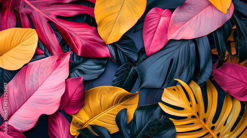 trendy summer Bali style floral patter background , colorful leaves palm shape art wallpaper. Summer colors botanical tropical leaves, sun light and shadows, pink, yellow pink green leaf