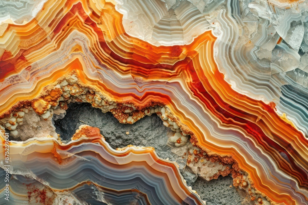 Detailed close-up of a slice of agate stone displaying intricate designs. Detailed close-up of a slice of agate stone displaying intricate designs.