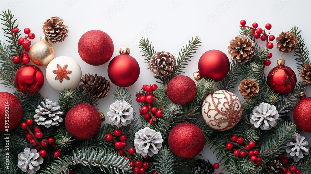 Christmas border with red and white ornaments on pine branches, white background, high resolution photography. Christmas border with red and white ornaments on pine branches, white background, high resolution photography.