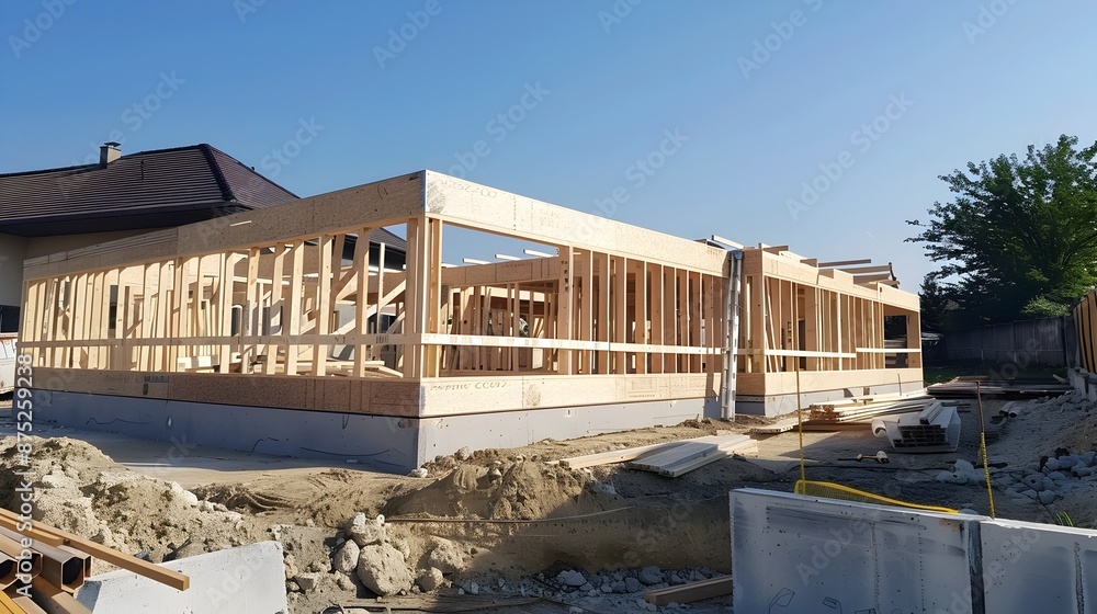 Wooden framework of a partially built house under construction Wooden framework of a partially built house under construction