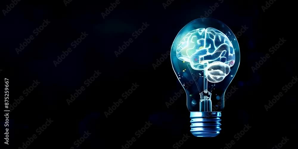 Abstract light bulb with glowing brain inside on dark background symbolizing creativity and intelligence Abstract light bulb with glowing brain inside on dark background symbolizing creativity and intelligence