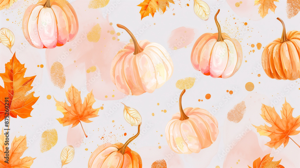 Halloween Autumn Season Illustration. Leaves, pumpkins. Nature Pattern. Wallpaper Background Watercolor Halloween Autumn Season Illustration. Leaves, pumpkins. Nature Pattern. Wallpaper Background Watercolor