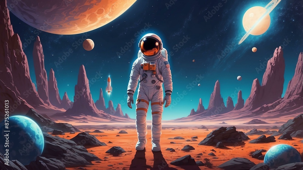 Fototapeta premium outer space odyssey astronauts alien encounters and co flat banner theme