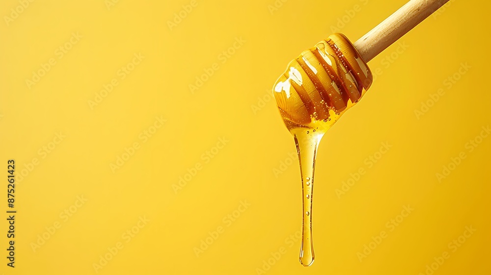 Honey dripping from wooden stick isolated on yellow background Honey dripping from wooden stick isolated on yellow background