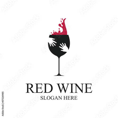 red wine glass with splash logo design concept idea with hand icon