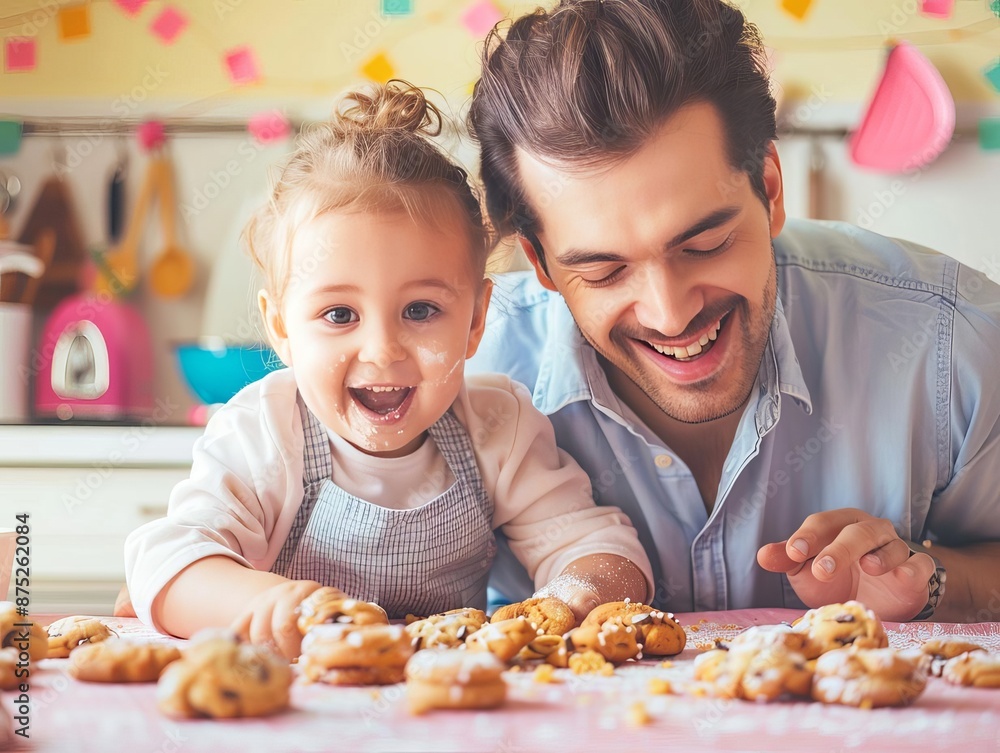 Professional photograph of a parent and child baking cookies together, happy expressions, indoor kitchen, pastel background Professional photograph of a parent and child baking cookies together, happy expressions, indoor kitchen, pastel background