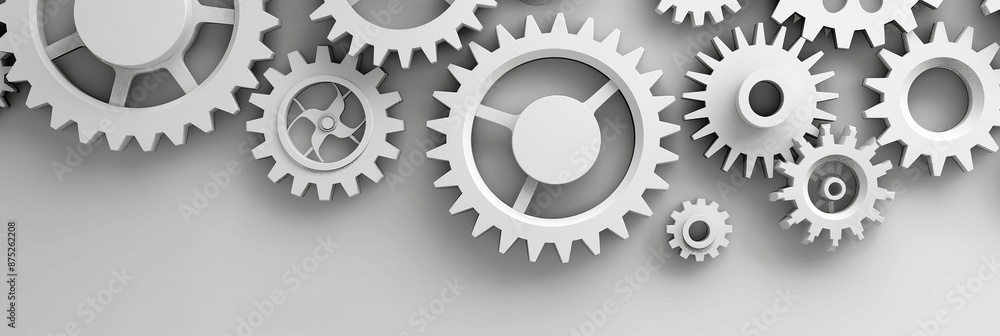 AI generated illustration of interlocking white gears on a white background AI generated illustration of interlocking white gears on a white background