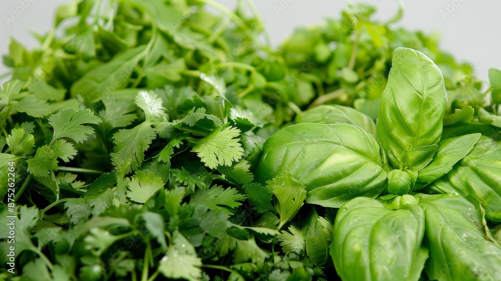 A clear photo of an assortment of fresh herbs like parsley, cilantro, and basil, focus cover all object, deep dept of field A clear photo of an assortment of fresh herbs like parsley, cilantro, and basil, focus cover all object, deep dept of field