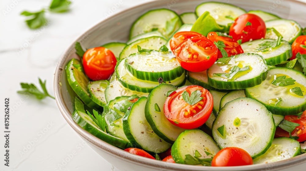 A crisp photo of sliced cucumbers and cherry tomatoes in a salad bowl, focus cover all object, deep dept of field A crisp photo of sliced cucumbers and cherry tomatoes in a salad bowl, focus cover all object, deep dept of field