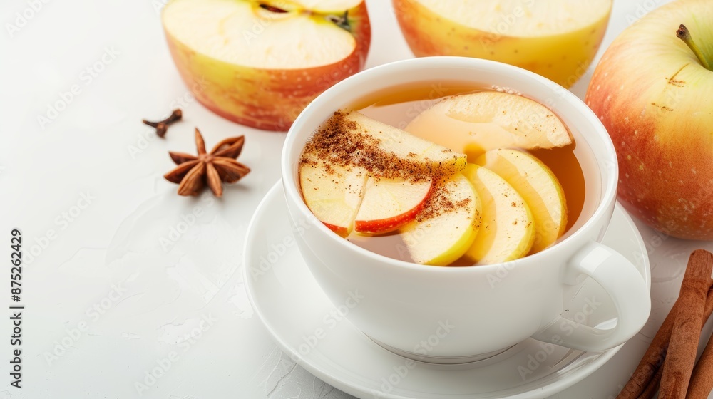 A cup of iced apple cinnamon infusion, floating apple slices, and ground cinnamon on an isolated white background A cup of iced apple cinnamon infusion, floating apple slices, and ground cinnamon on an isolated white background