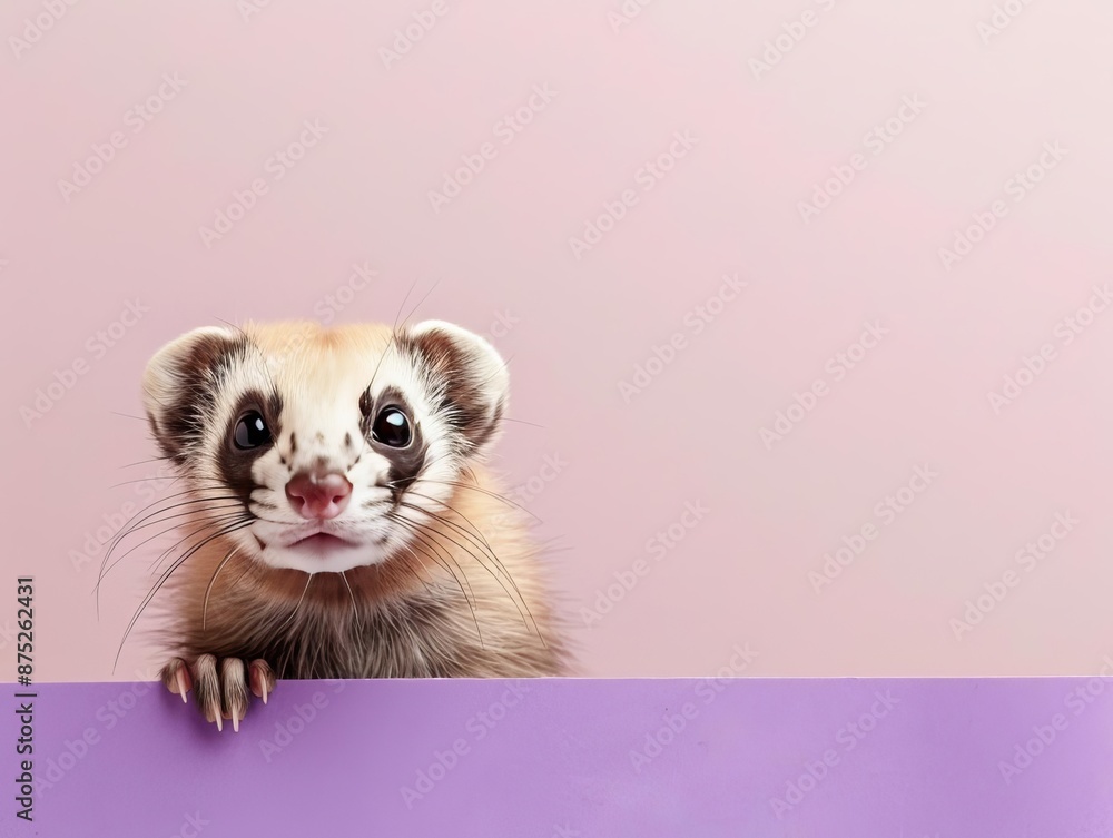 A curious ferret peeking out from a solid pastel purple background with space above for text A curious ferret peeking out from a solid pastel purple background with space above for text