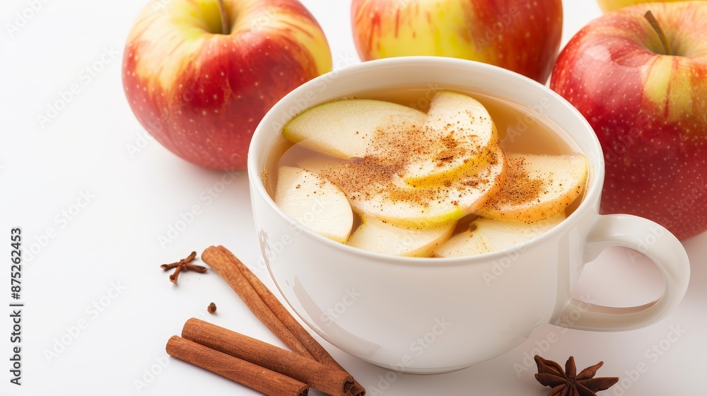 A cup of iced apple cinnamon infusion with apple slices and ground cinnamon, isolated white background A cup of iced apple cinnamon infusion with apple slices and ground cinnamon, isolated white background