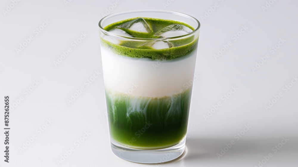 A glass of iced matcha latte with distinct layers of green tea and milk A glass of iced matcha latte with distinct layers of green tea and milk