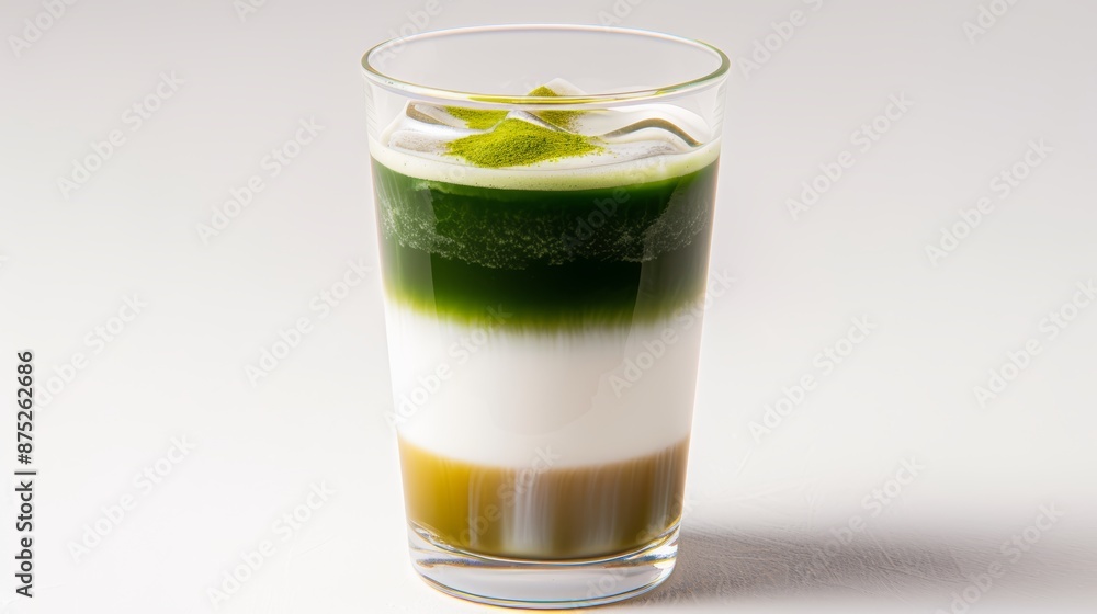A glass of iced matcha latte with layers of green tea and milk A glass of iced matcha latte with layers of green tea and milk