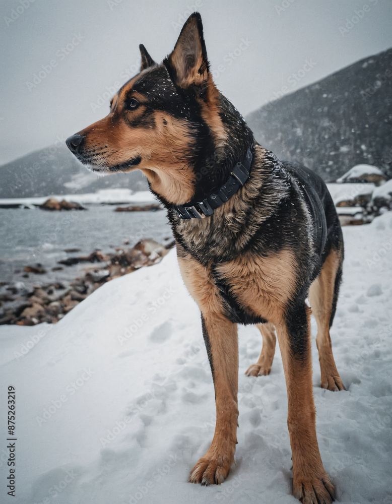german shepherd dog on winter looking to the river german shepherd dog on winter looking to the river