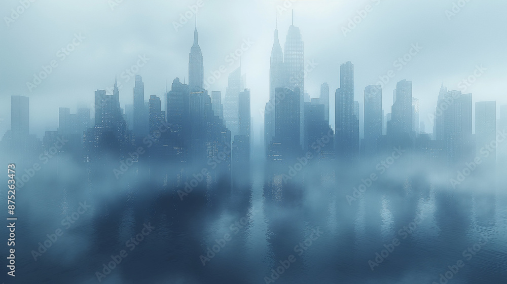 A ghostly city full of skyscrapers appears through a thin mist at twilight, against a white background. The fading light reveals sparse details of desolate towers and empty plazas. A ghostly city full of skyscrapers appears through a thin mist at twilight, against a white background. The fading light reveals sparse details of desolate towers and empty plazas.