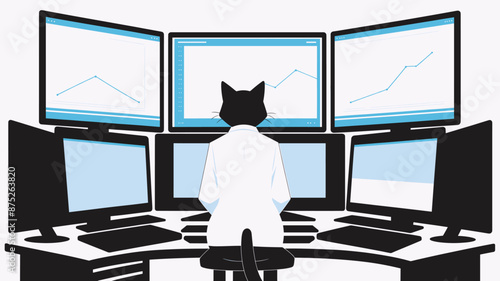 Vector of a black cat in a lab coat sitting in front of multiple monitors on white background