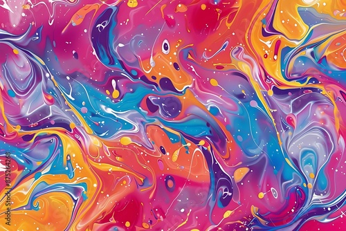 Colorful marbling background with dynamic swirls and splashes of bright colors, vibrant and intricate design.