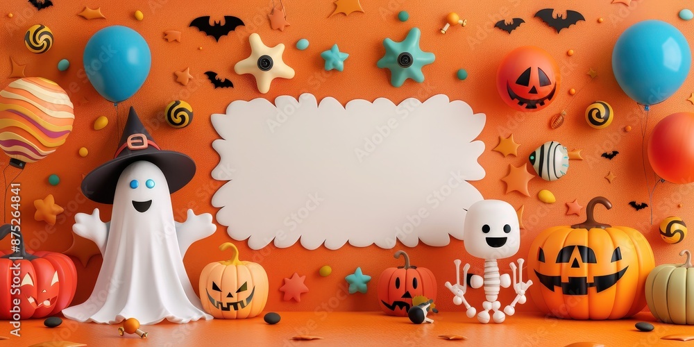 Halloween Celebration With Cute Ghost & Skeleton Halloween Celebration With Cute Ghost & Skeleton