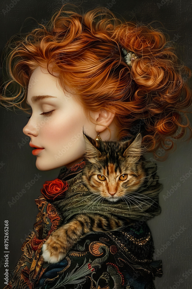 Woman Holding Cat. Generated image. A digital illustration of a woman holding a cat in an oil painting style. Woman Holding Cat. Generated image. A digital illustration of a woman holding a cat in an oil painting style.