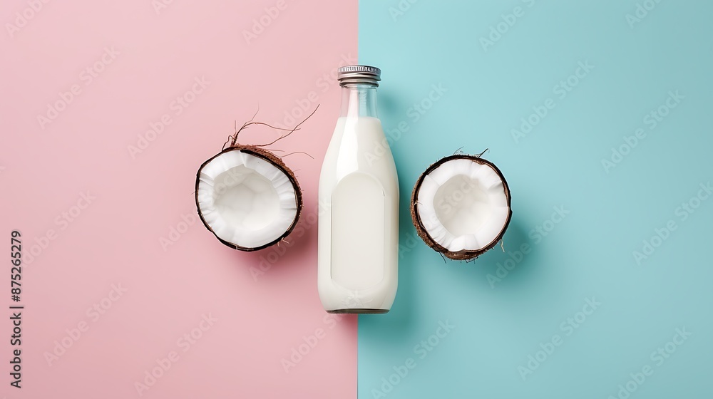 two halves coconut and coconut milk in the glass bottle isolated on pink and blue background two halves coconut and coconut milk in the glass bottle isolated on pink and blue background