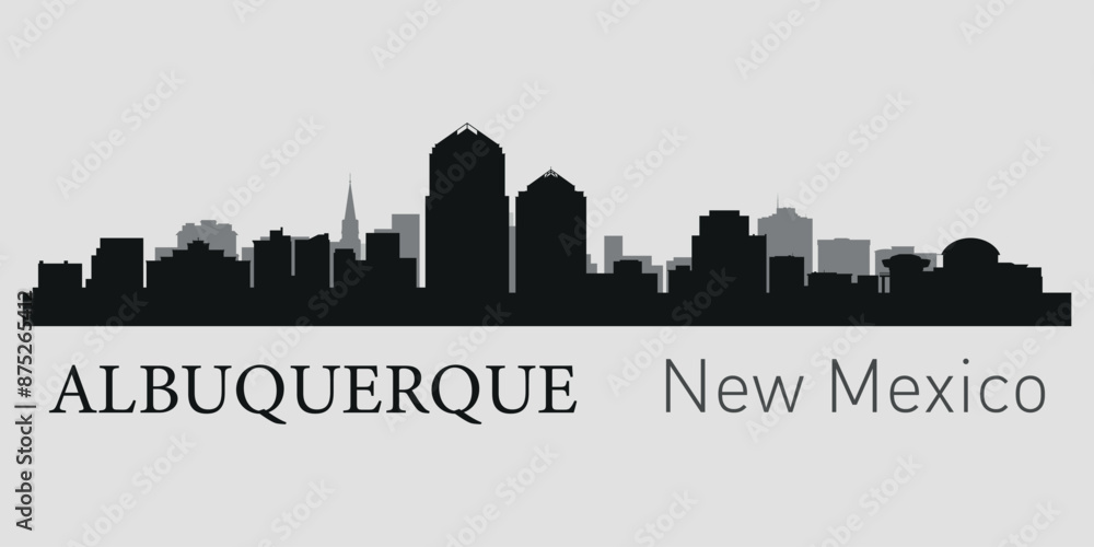 Naklejka premium The city skyline. Albuquerque, New Mexico. Silhouettes of buildings. Vector on a gray background