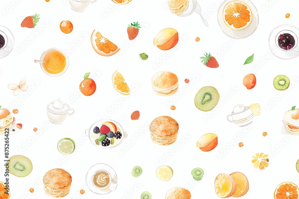 Bright and colorful seamless pattern of breakfast foods including fruits, tea, coffee, and pastries on a white background. Bright and colorful seamless pattern of breakfast foods including fruits, tea, coffee, and pastries on a white background.