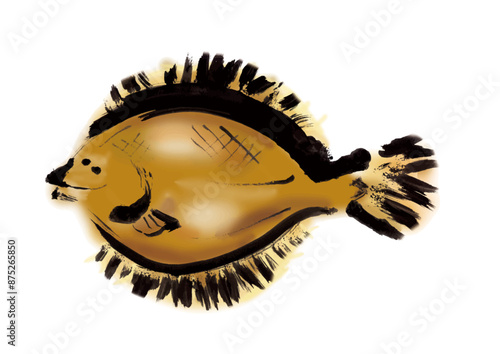 魚の平目の手書き和風筆イラスト素材　右向き photo