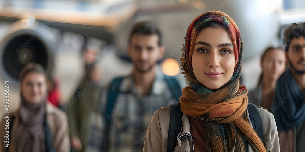 Diverse Group Near a Plane Symbolizing Global Migration and Refugees. Concept Global Migration, Refugees, Multicultural Society, Air Travel, Unity Diverse Group Near a Plane Symbolizing Global Migration and Refugees. Concept Global Migration, Refugees, Multicultural Society, Air Travel, Unity