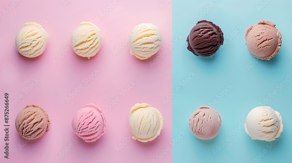 variety of ice cream scoops isolated on pink and blue background variety of ice cream scoops isolated on pink and blue background