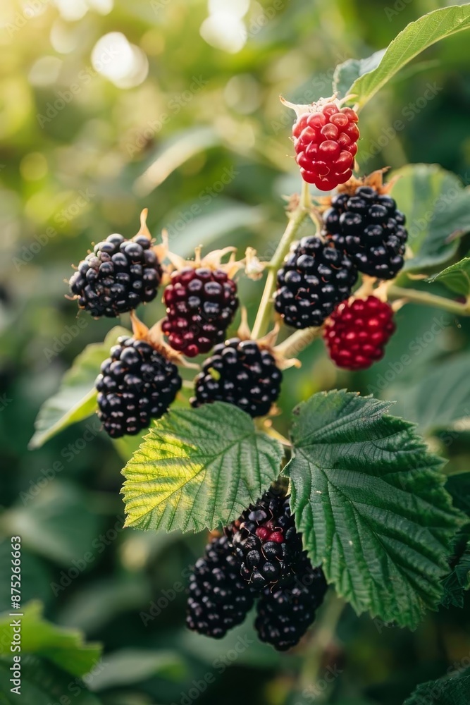 Blackberries grow in the garden. Ripe and unripe blackberries on bush Generative AI, Blackberries grow in the garden. Ripe and unripe blackberries on bush Generative AI,