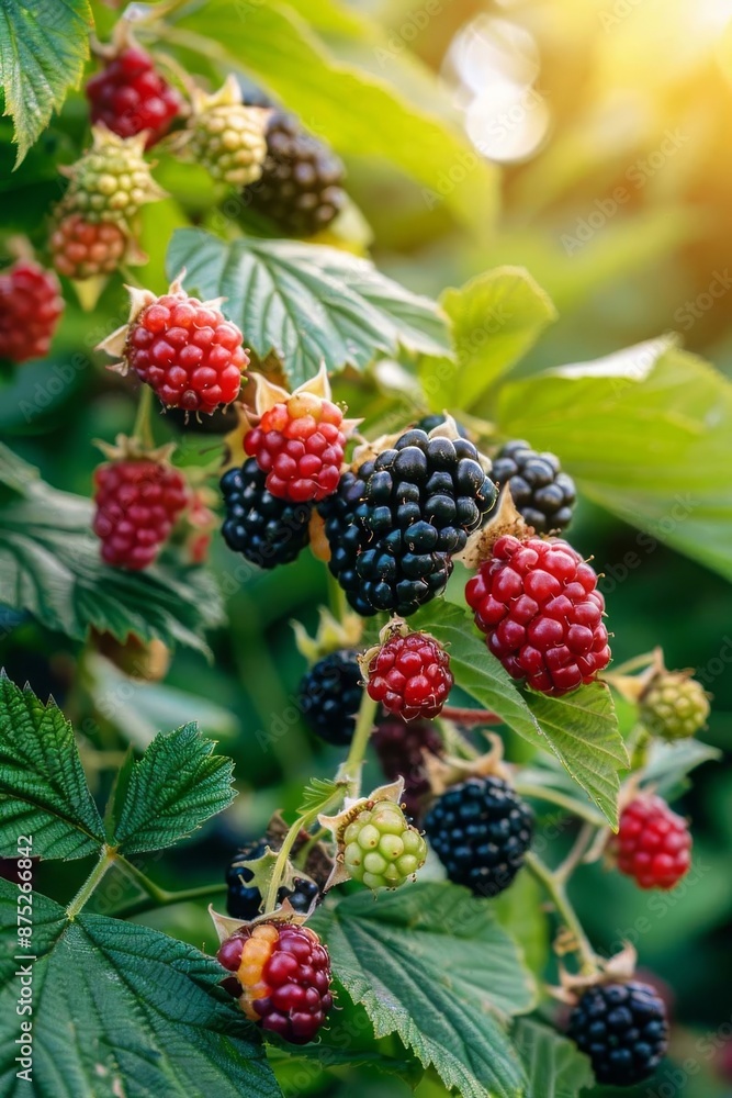 Blackberries grow in the garden. Ripe and unripe blackberries on bush Generative AI, Blackberries grow in the garden. Ripe and unripe blackberries on bush Generative AI,